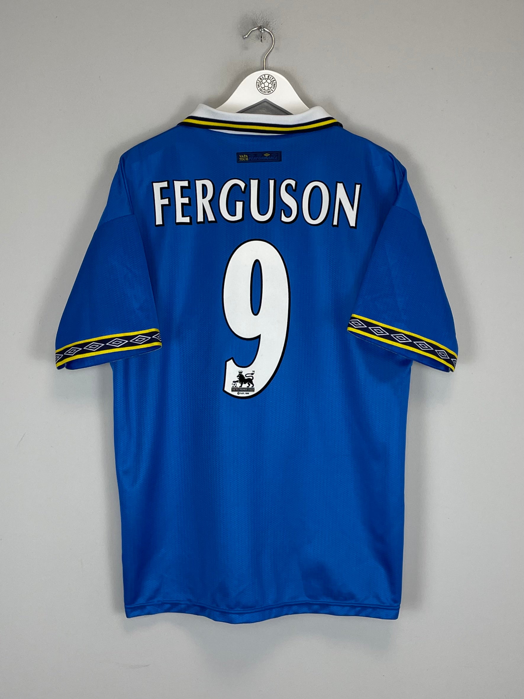 Shop 1997/98 EVERTON FERGUSON #9 HOME SHIRT (L) UMBRO, classic football shirts, vintage football shirts & retro soccer jerseys at Cult Kits