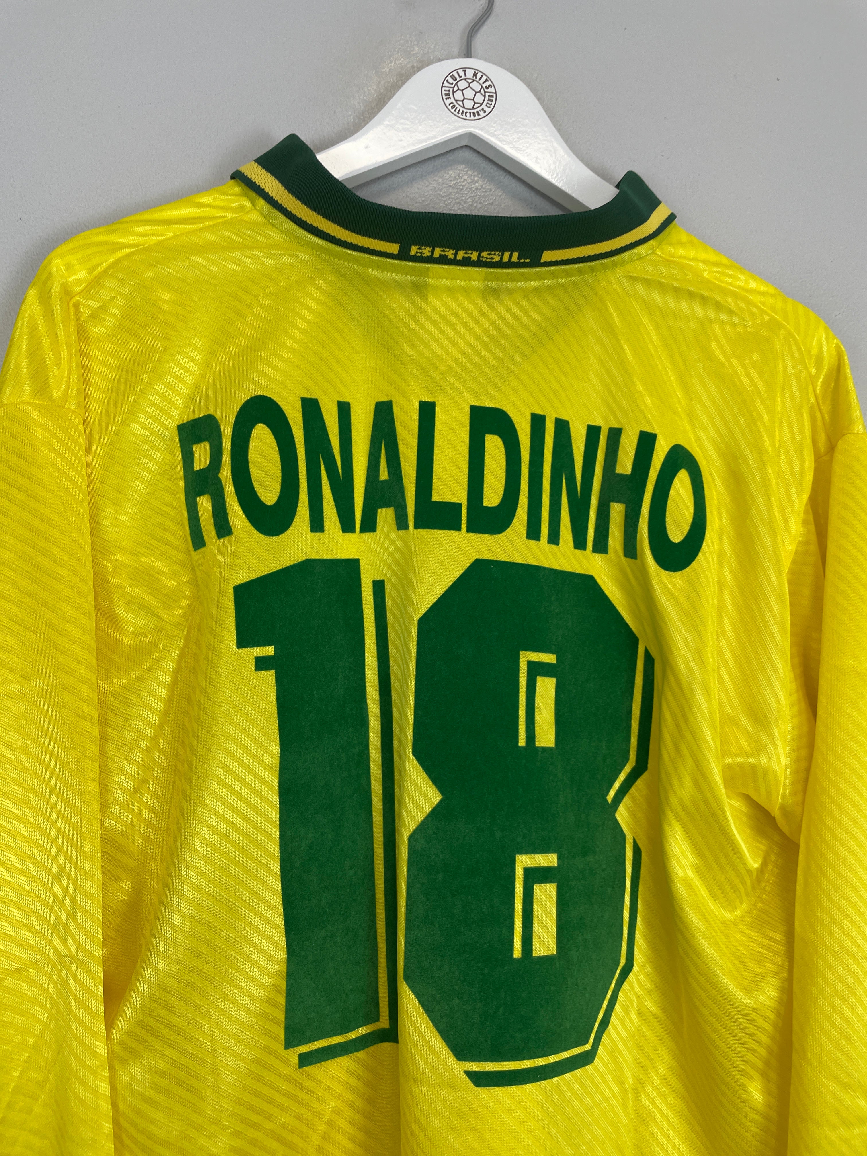 Shop 1994/97 BRAZIL RONALDINHO #18 L/S *PLAYER ISSUE* HOME SHIRT (L) UMBRO, classic football shirts, vintage football shirts & retro soccer jerseys at Cult Kits