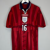 Shop 1997/99 ENGLAND SCHOLES #16 AWAY SHIRT (L) UMBRO, classic football shirts, vintage football shirts & retro soccer jerseys at Cult Kits