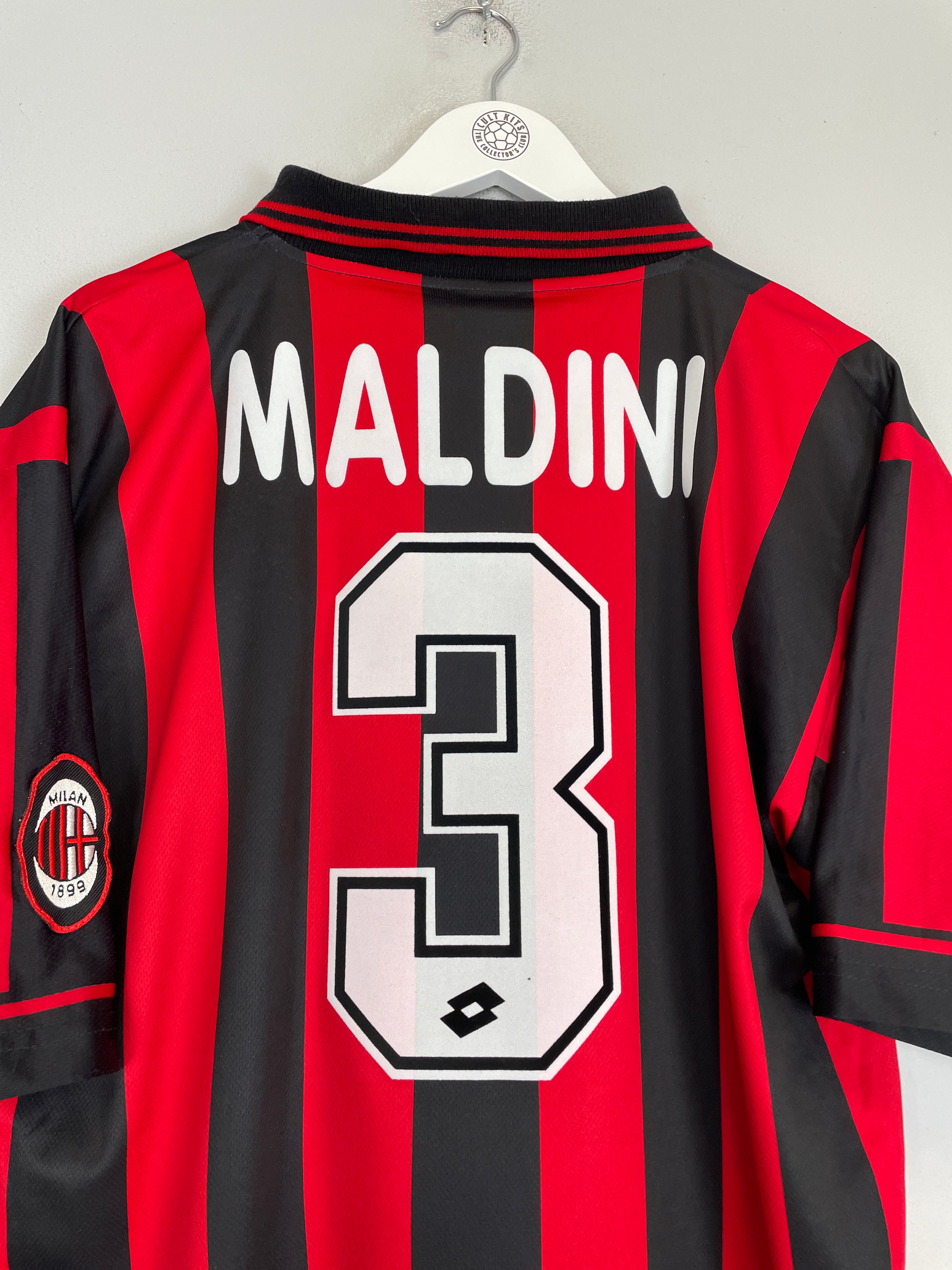 Shop 1996/97 AC MILAN MALDINI #3 HOME SHIRT (L) LOTTO, classic football shirts, vintage football shirts & retro soccer jerseys at Cult Kits