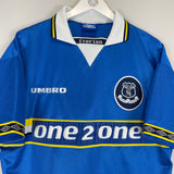 Shop 1997/98 EVERTON FERGUSON #9 HOME SHIRT (L) UMBRO, classic football shirts, vintage football shirts & retro soccer jerseys at Cult Kits