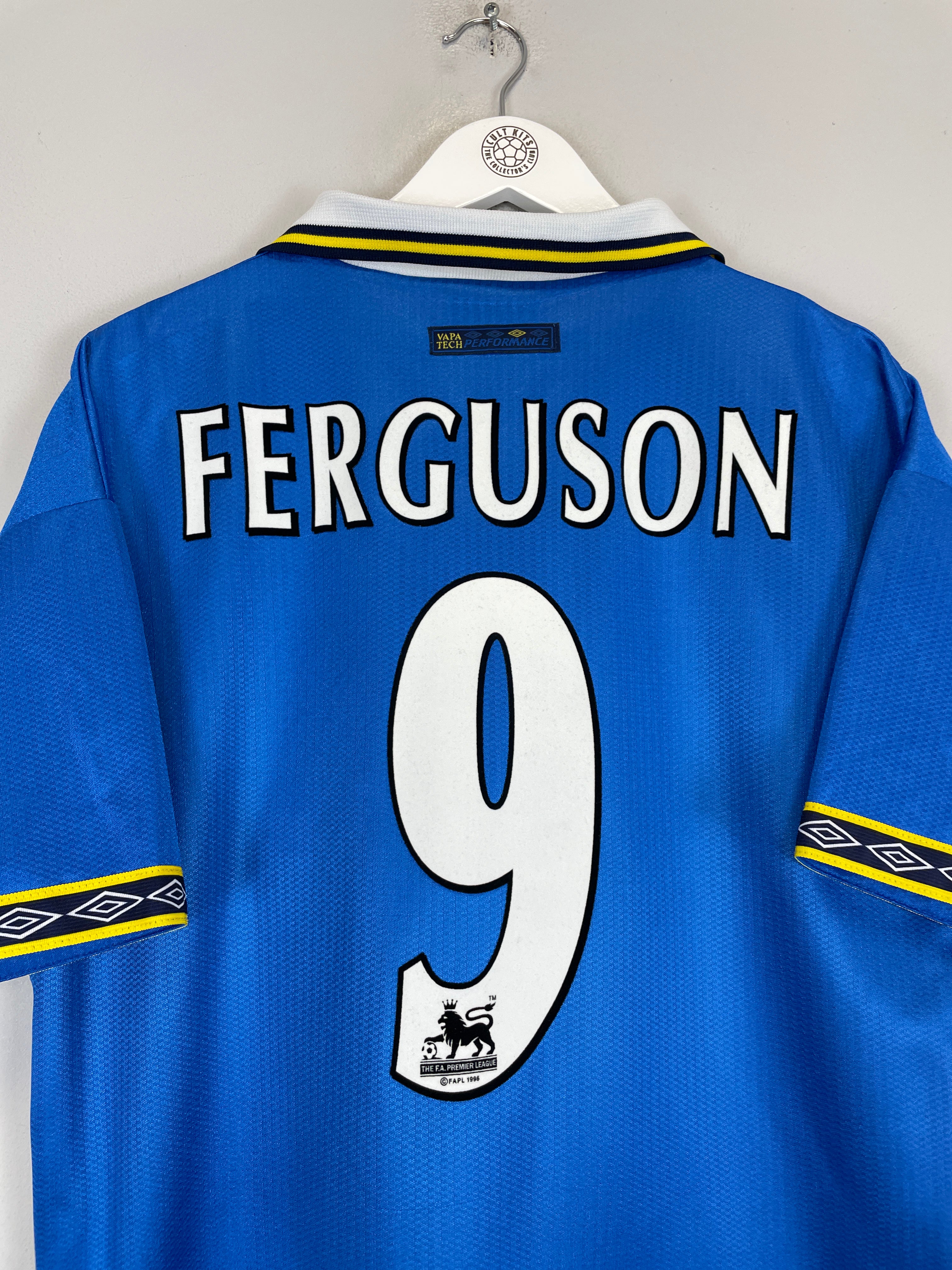 Shop 1997/98 EVERTON FERGUSON #9 HOME SHIRT (L) UMBRO, classic football shirts, vintage football shirts & retro soccer jerseys at Cult Kits