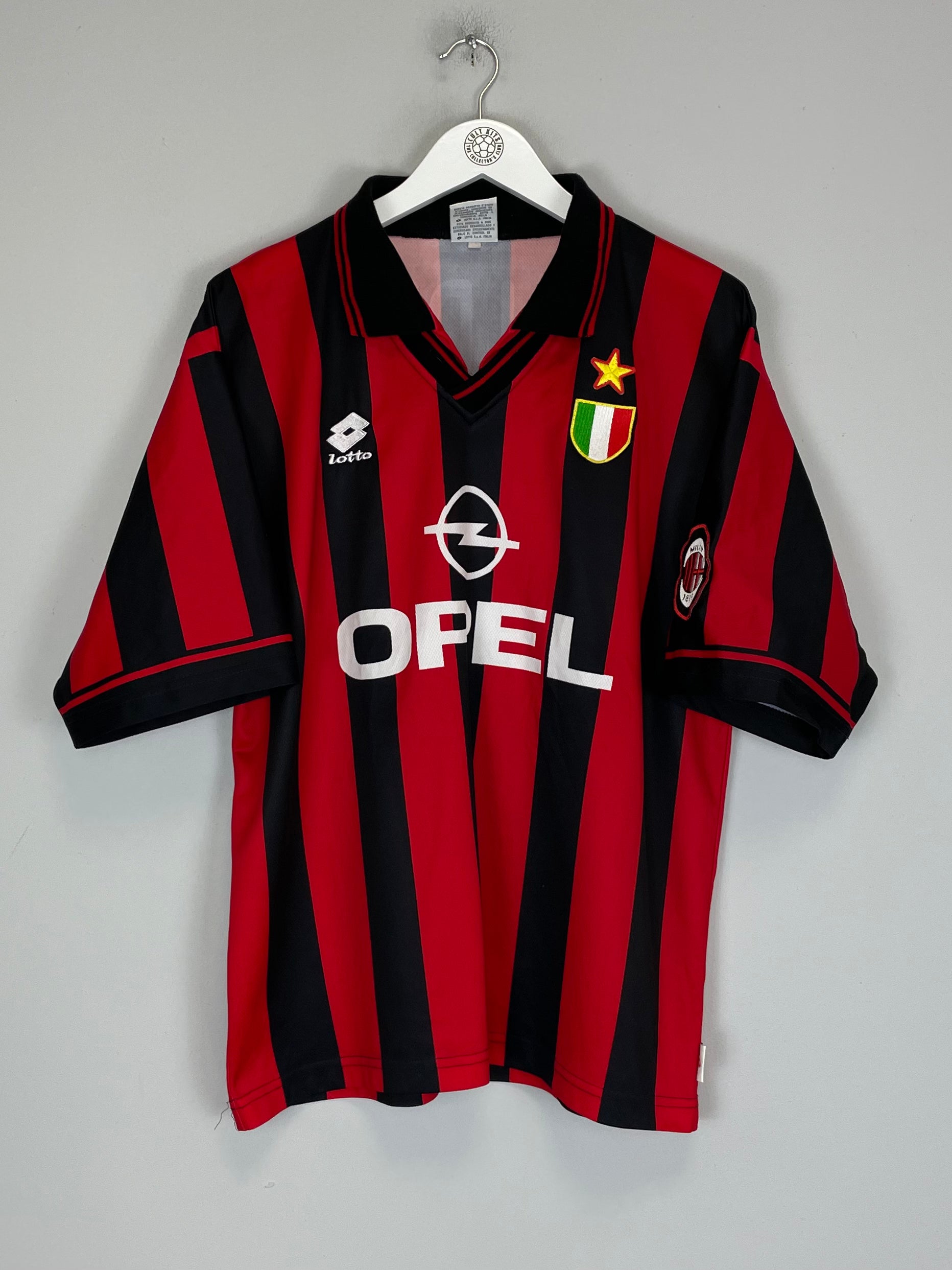 Shop 1996/97 AC MILAN MALDINI #3 HOME SHIRT (L) LOTTO, classic football shirts, vintage football shirts & retro soccer jerseys at Cult Kits