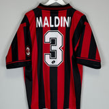 Shop 1996/97 AC MILAN MALDINI #3 HOME SHIRT (L) LOTTO, classic football shirts, vintage football shirts & retro soccer jerseys at Cult Kits