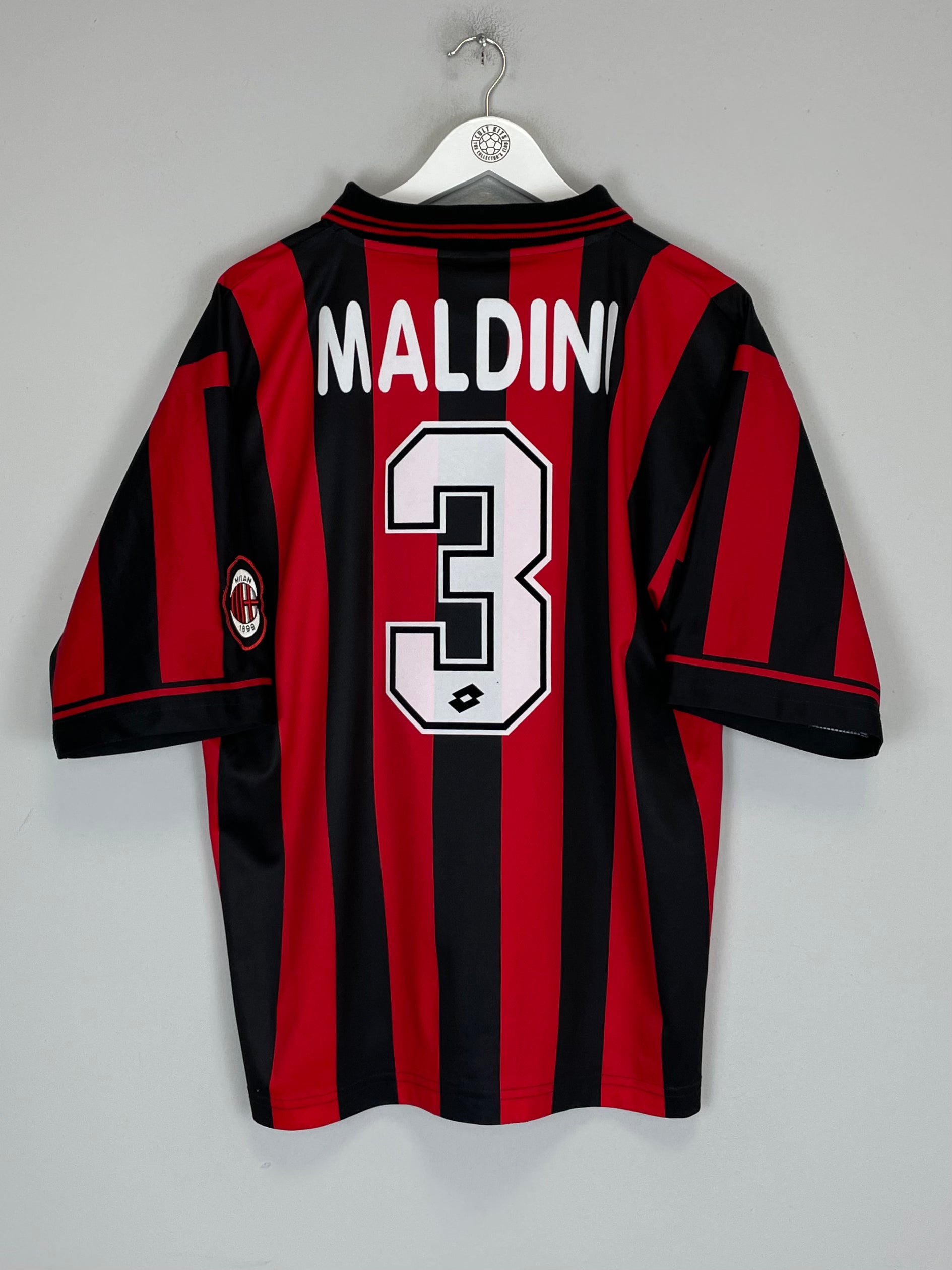Shop 1996/97 AC MILAN MALDINI #3 HOME SHIRT (L) LOTTO, classic football shirts, vintage football shirts & retro soccer jerseys at Cult Kits