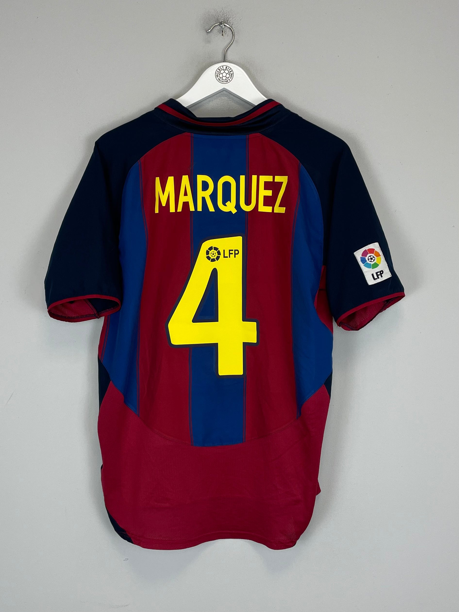 Shop 2003/04 BARCELONA MARQUEZ #4 HOME SHIRT (M) NIKE, classic football shirts, vintage football shirts & retro soccer jerseys at Cult Kits