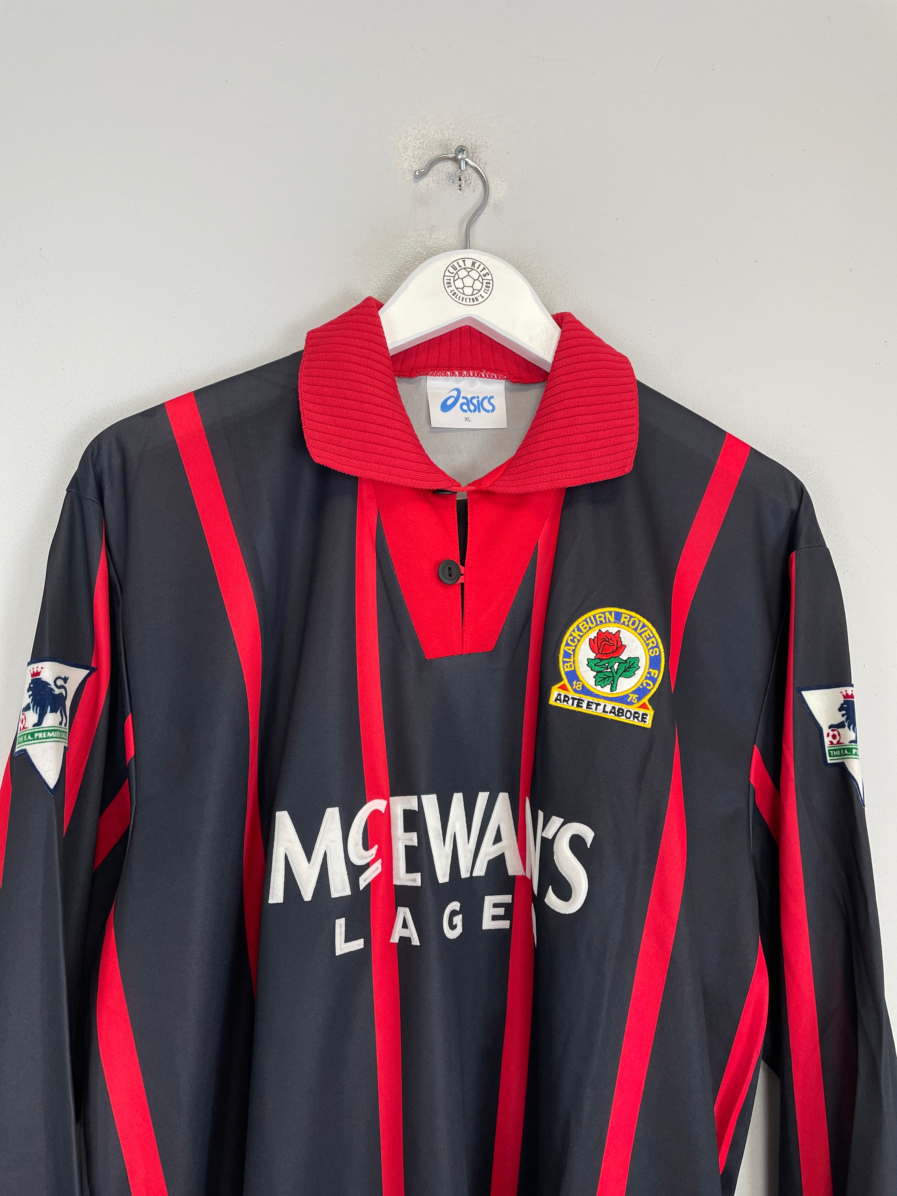 Shop 1994/95 BLACKBURN ROVERS SUTTON #16 L/S *MATCH ISSUE* AWAY SHIRT (XL) ASICS, classic football shirts, vintage football shirts & retro soccer jerseys at Cult Kits