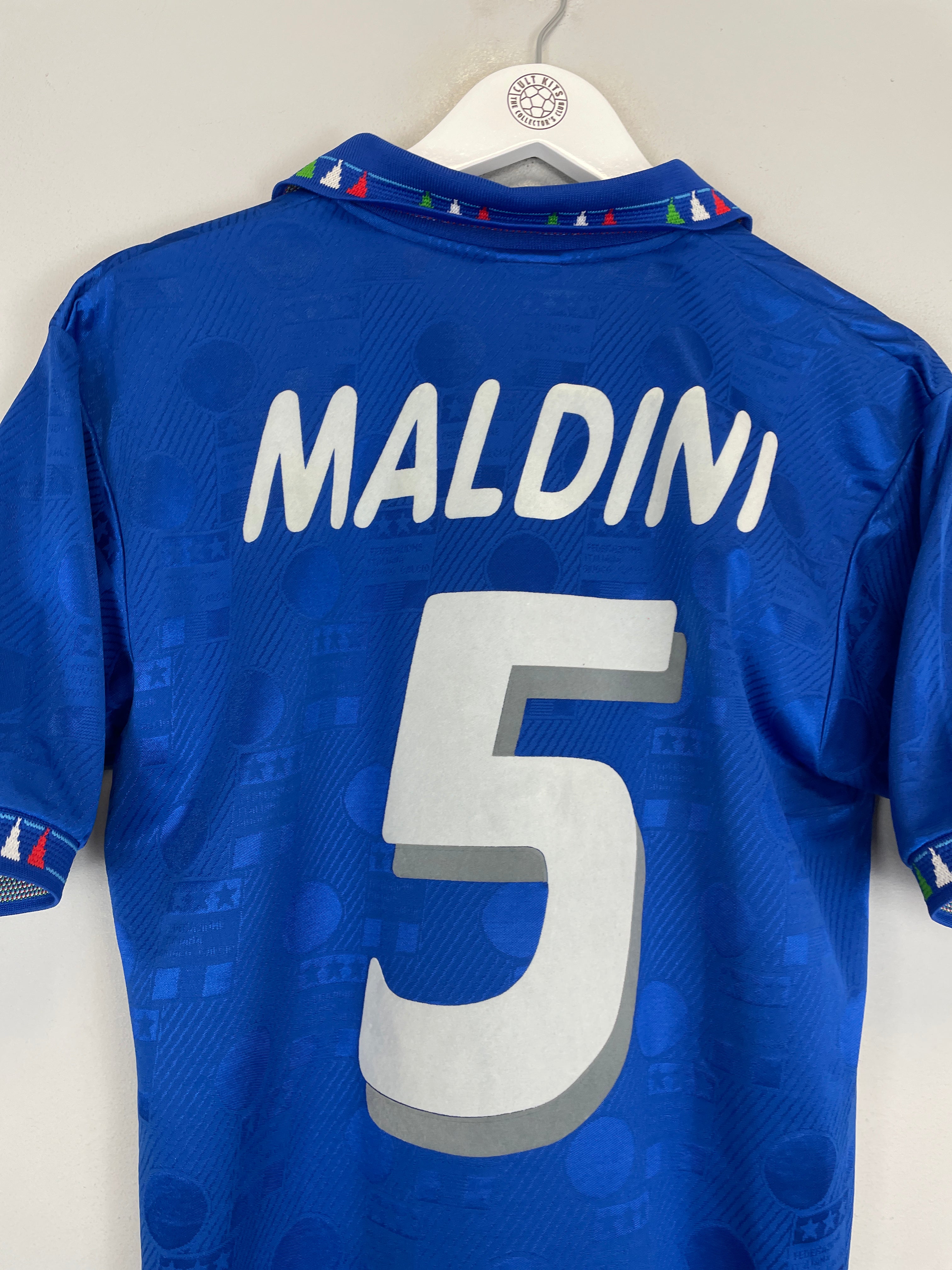 Shop 1994 ITALY MALDINI #5 HOME SHIRT (M) DIADORA, classic football shirts, vintage football shirts & retro soccer jerseys at Cult Kits