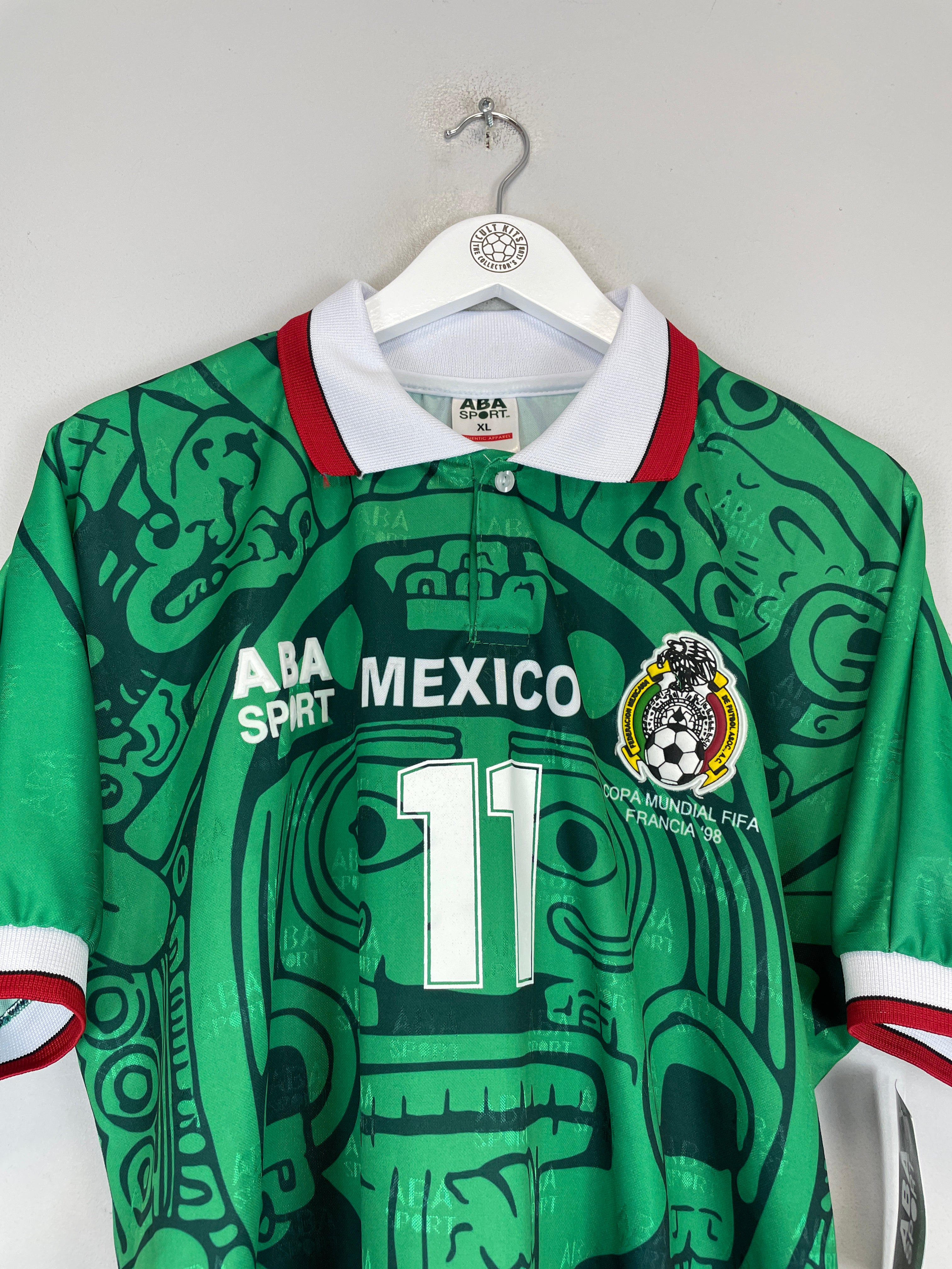 Shop 1998 MEXICO BLANCO #11 *REISSUE* BNWT HOME SHIRT (XL) ABA SPORT, classic football shirts, vintage football shirts & retro soccer jerseys at Cult Kits