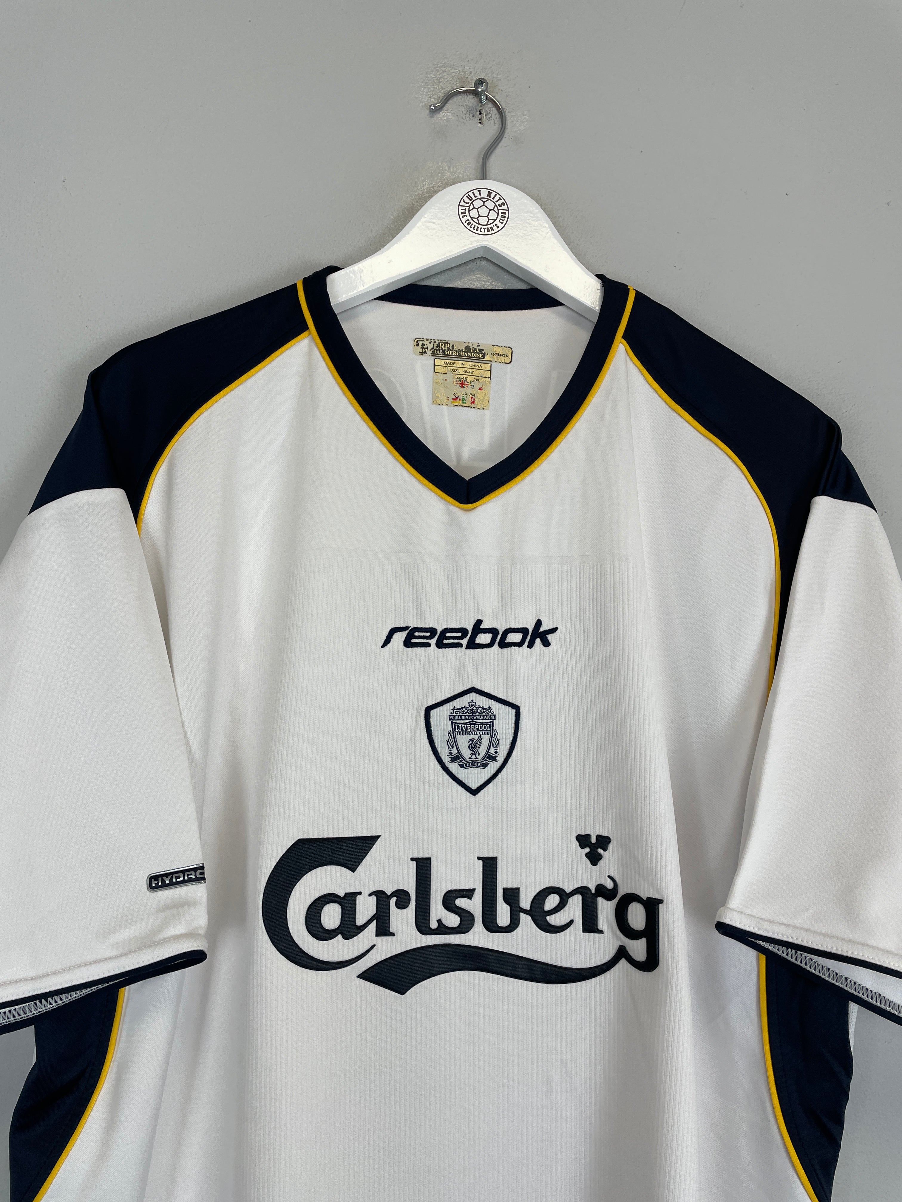 Shop 2001/02 LIVERPOOL MCALLISTER #21 AWAY SHIRT (XL) REEBOK, classic football shirts, vintage football shirts & retro soccer jerseys at Cult Kits
