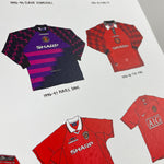 Shop ICONIC MANCHESTER UNITED SHIRTS A3 PRINT, classic football shirts, vintage football shirts & retro soccer jerseys at Cult Kits