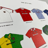 Shop ICONIC MANCHESTER UNITED SHIRTS A3 PRINT, classic football shirts, vintage football shirts & retro soccer jerseys at Cult Kits
