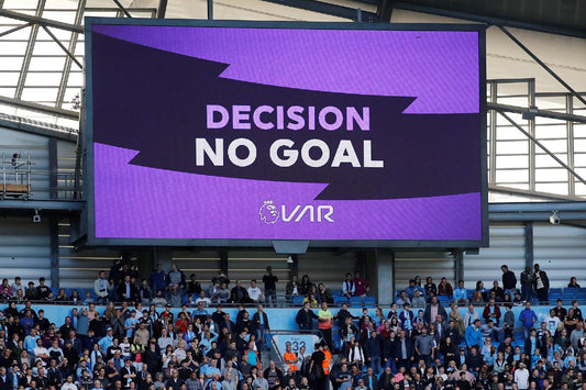 Stadium VAR screen shows 'decision - no goal'