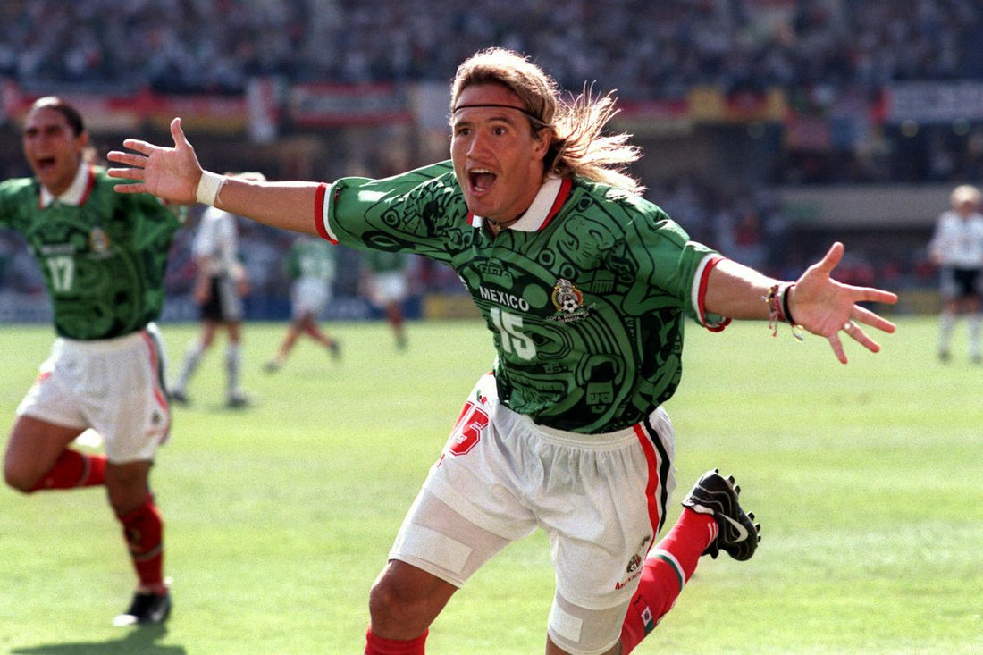 Cult Kits | Luis Hernandez celebrates in the Mexico 1998 Home shirt by ABA Sport