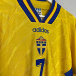 Shop 1994/95 SWEDEN LARSSON #7 HOME SHIRT (L) ADIDAS, classic football shirts, vintage football shirts & retro soccer jerseys at Cult Kits