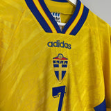 Shop 1994/95 SWEDEN LARSSON #7 HOME SHIRT (L) ADIDAS, classic football shirts, vintage football shirts & retro soccer jerseys at Cult Kits