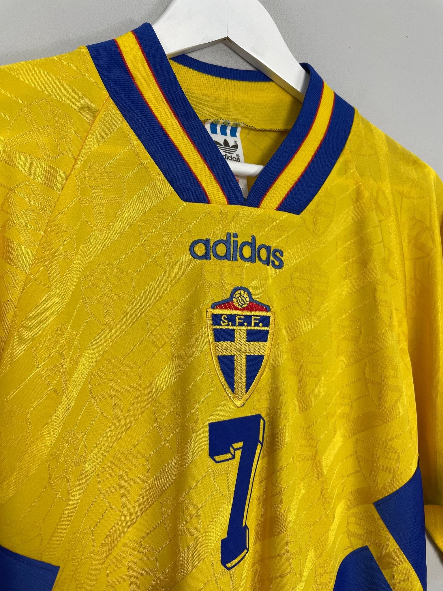 Shop 1994/95 SWEDEN LARSSON #7 HOME SHIRT (L) ADIDAS, classic football shirts, vintage football shirts & retro soccer jerseys at Cult Kits