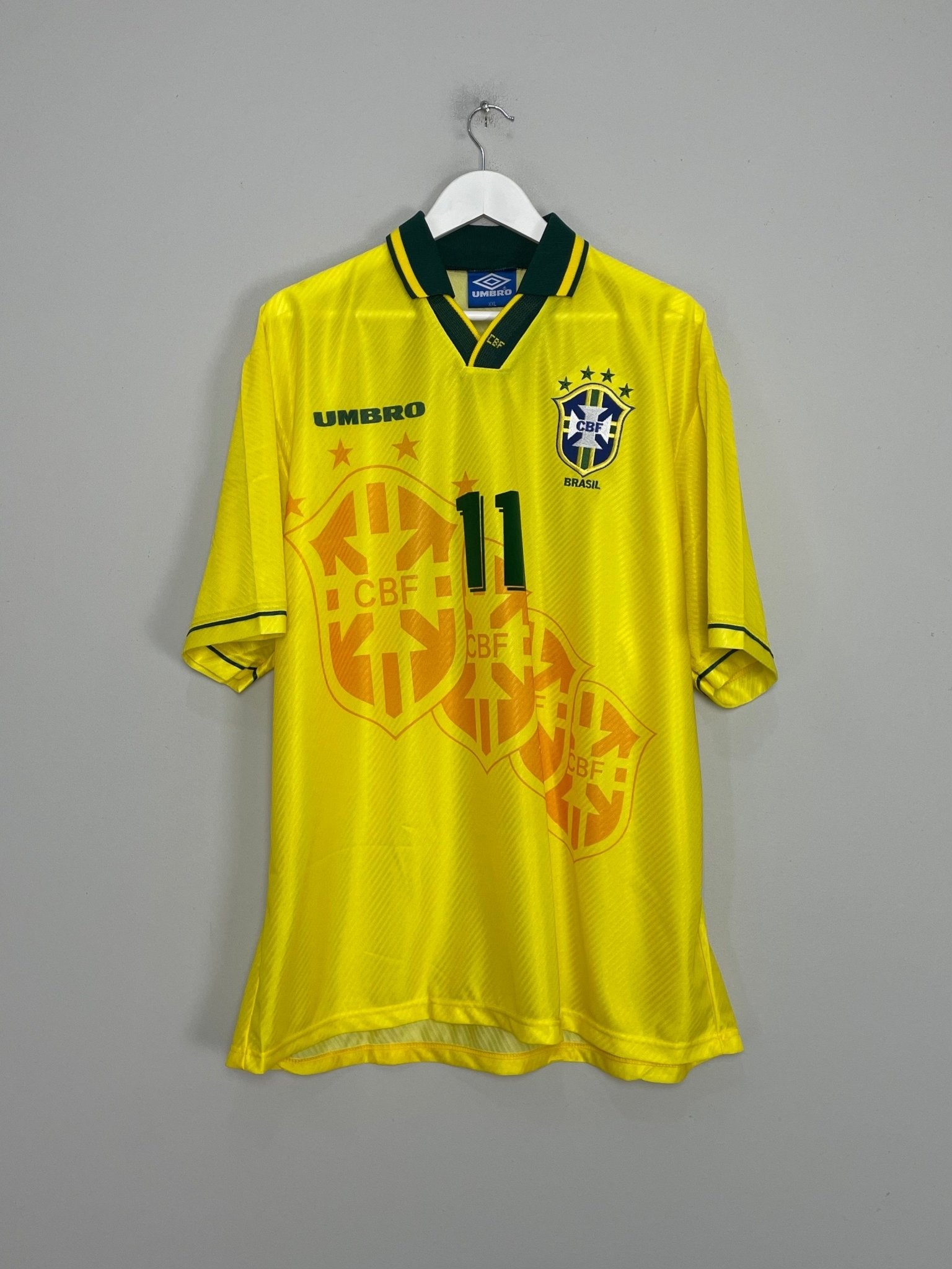 Shop 1994/96 BRAZIL ROMARIO #11 *BNWOT* HOME SHIRT (XXL) UMBRO, classic football shirts, vintage football shirts & retro soccer jerseys at Cult Kits