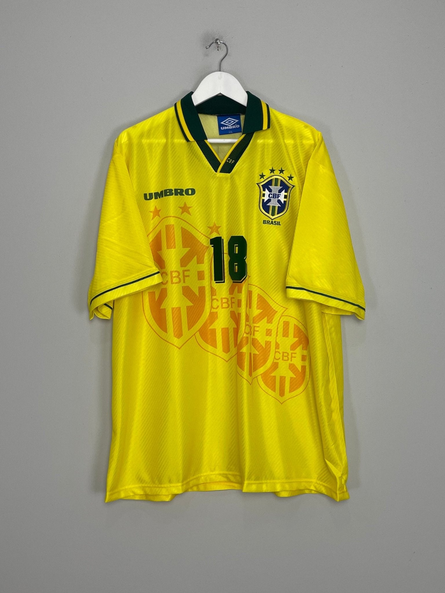 Shop 1994/96 BRAZIL RONALDINHO #18 *BNWOT* HOME SHIRT (XXL) UMBRO, classic football shirts, vintage football shirts & retro soccer jerseys at Cult Kits