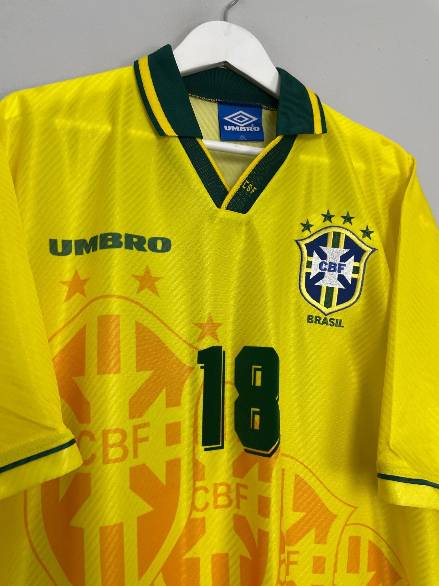 Shop 1994/96 BRAZIL RONALDINHO #18 *BNWOT* HOME SHIRT (XXL) UMBRO, classic football shirts, vintage football shirts & retro soccer jerseys at Cult Kits