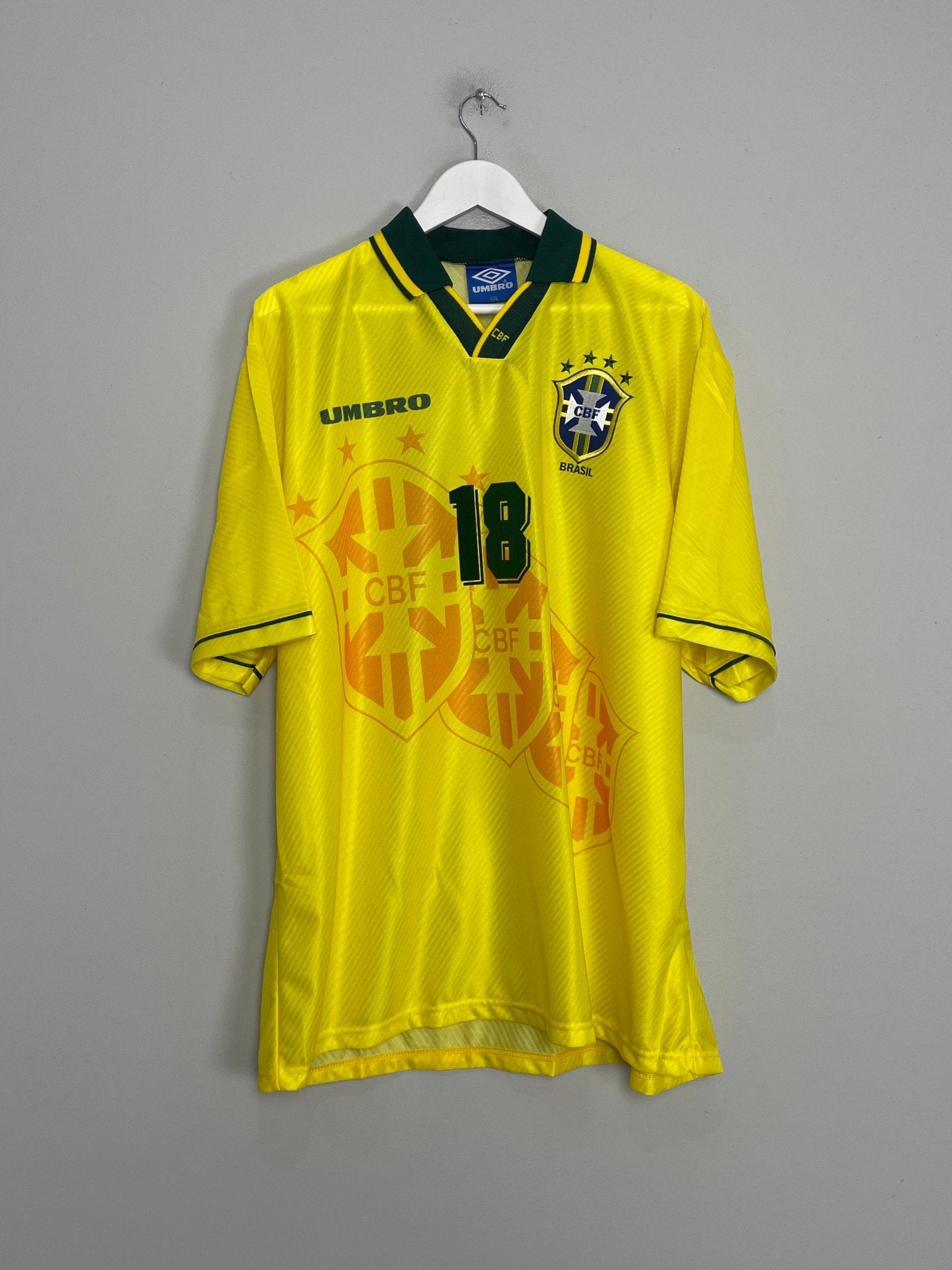 Shop 1994/96 BRAZIL RONALDINHO #18 *BNWOT* HOME SHIRT (XXL) UMBRO, classic football shirts, vintage football shirts & retro soccer jerseys at Cult Kits
