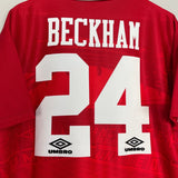 Shop 1994/96 MANCHESTER UNITED BECKHAM #24 HOME SHIRT (L) UMBRO, classic football shirts, vintage football shirts & retro soccer jerseys at Cult Kits