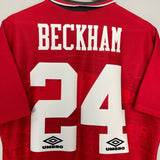 Shop 1994/96 MANCHESTER UNITED BECKHAM #24 HOME SHIRT (L) UMBRO, classic football shirts, vintage football shirts & retro soccer jerseys at Cult Kits