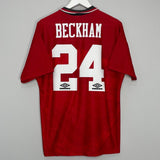 Shop 1994/96 MANCHESTER UNITED BECKHAM #24 HOME SHIRT (L) UMBRO, classic football shirts, vintage football shirts & retro soccer jerseys at Cult Kits