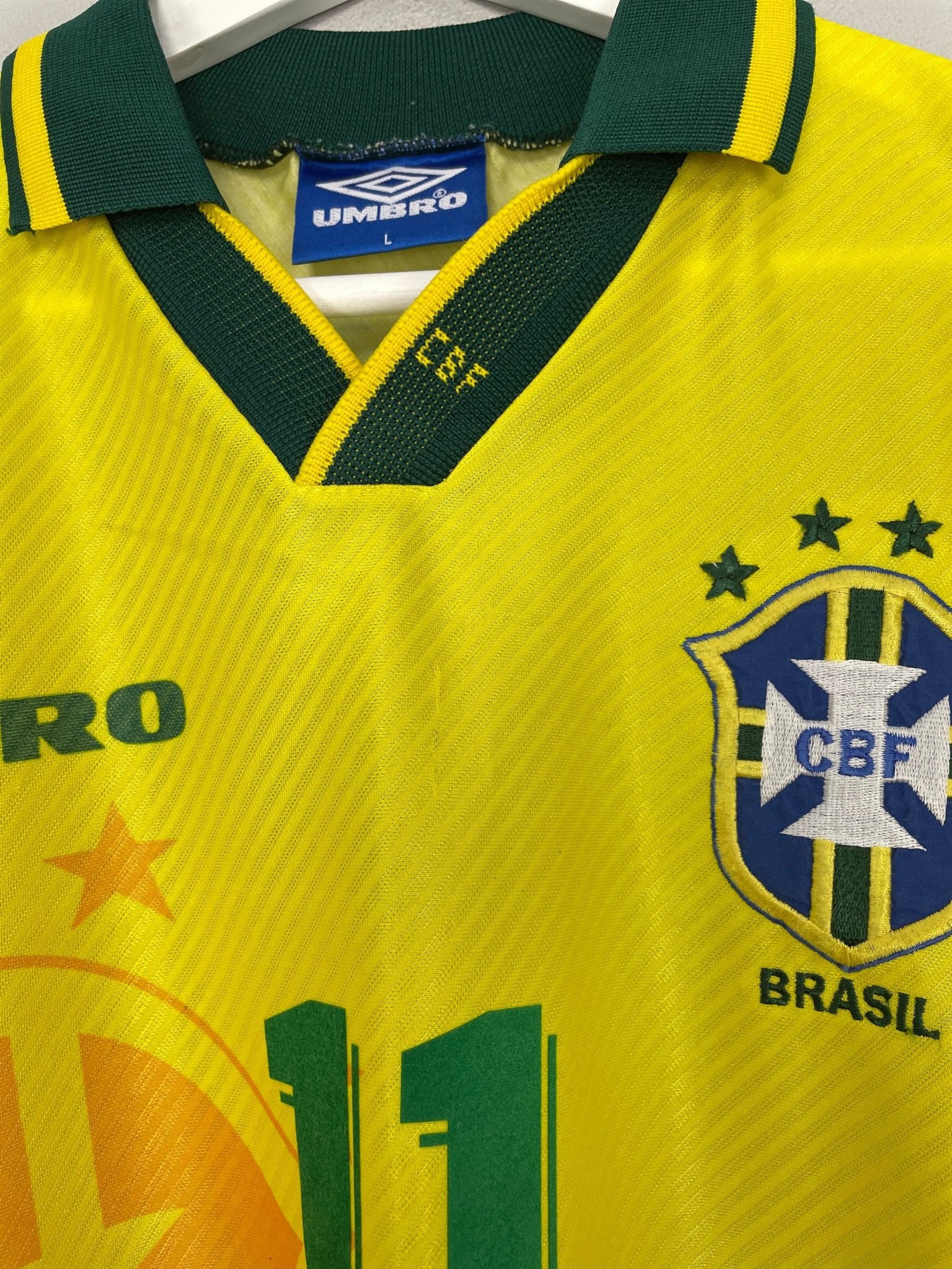 Shop 1994/97 BRAZIL ROMARIO #11 HOME SHIRT (L) UMBRO, classic football shirts, vintage football shirts & retro soccer jerseys at Cult Kits