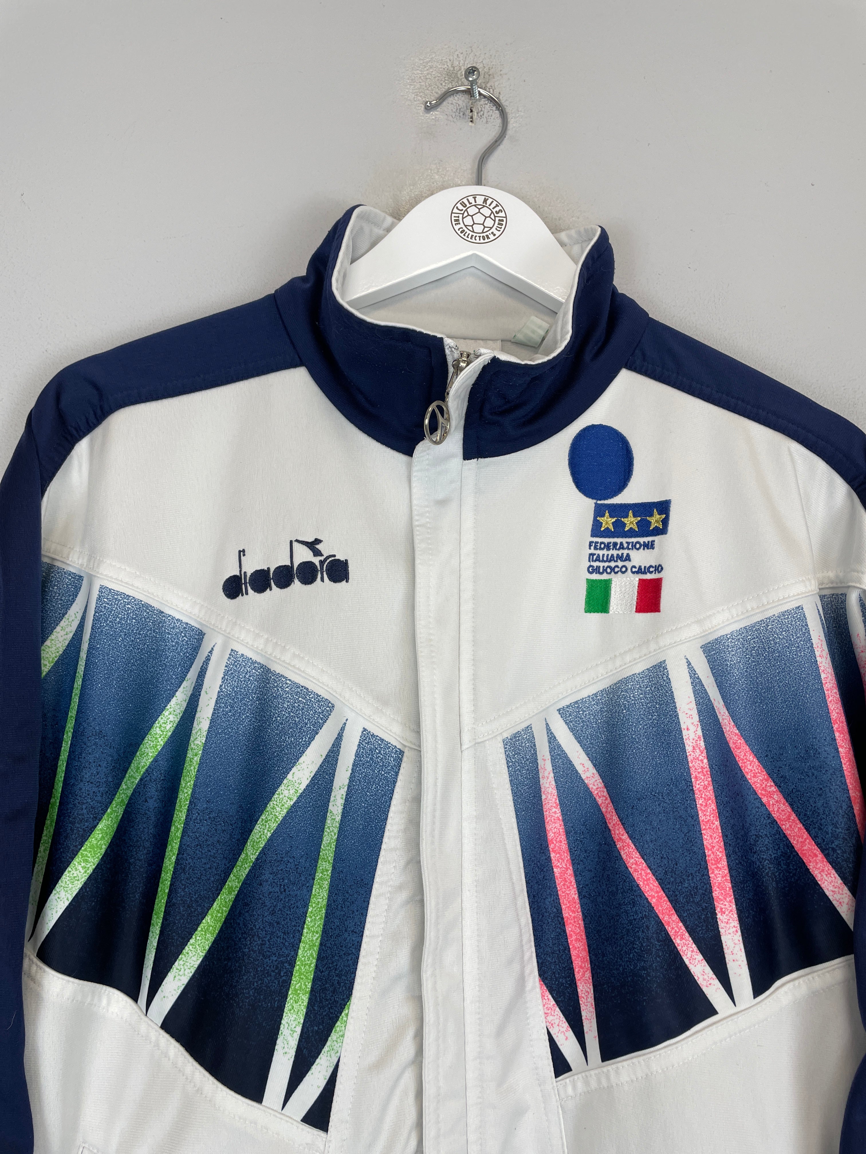 1994 ITALY TRACK JACKET (M) DIADORA BADGE FLAG THREE STARS RETRO GRADIENT COLLAR GREEN WHITE RED NAVY 