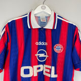 1995/97 BAYERN MUNICH #18 (KLINSMANN) HOME SHIRT (L) ADIDAS COLLAR OPEL RED BLUE STRIPES