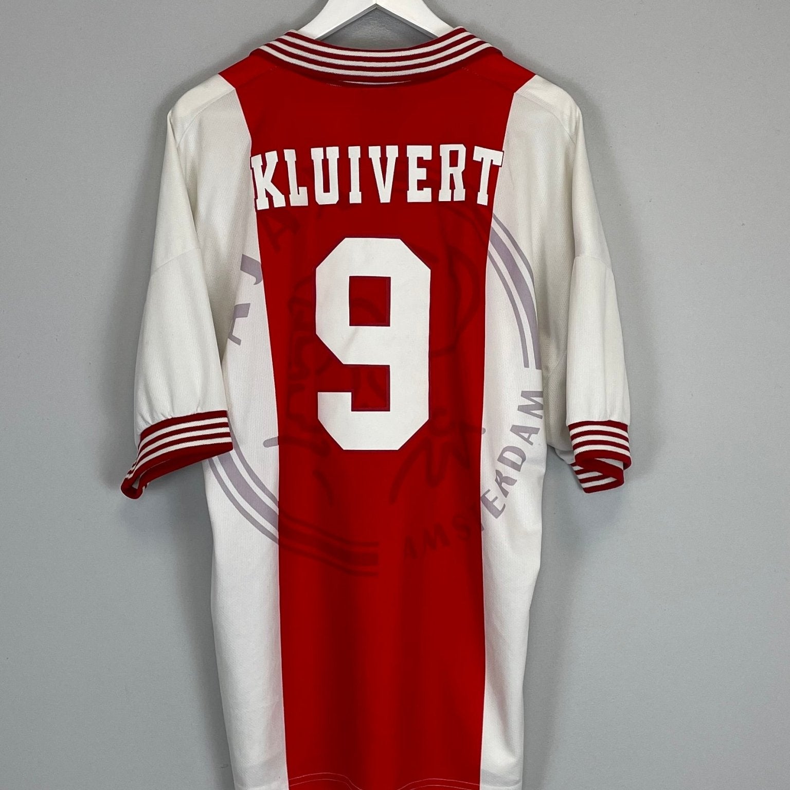 Shop 1996/97 AJAX KLUIVERT #9 HOME SHIRT (XL) UMBRO, classic football shirts, vintage football shirts & retro soccer jerseys at Cult Kits