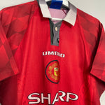 Shop 1996/97 MANCHESTER UNITED SOLSKJAER #20 HOME SHIRT (L) UMBRO, classic football shirts, vintage football shirts & retro soccer jerseys at Cult Kits