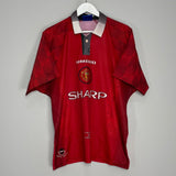 Shop 1996/97 MANCHESTER UNITED SOLSKJAER #20 HOME SHIRT (L) UMBRO, classic football shirts, vintage football shirts & retro soccer jerseys at Cult Kits