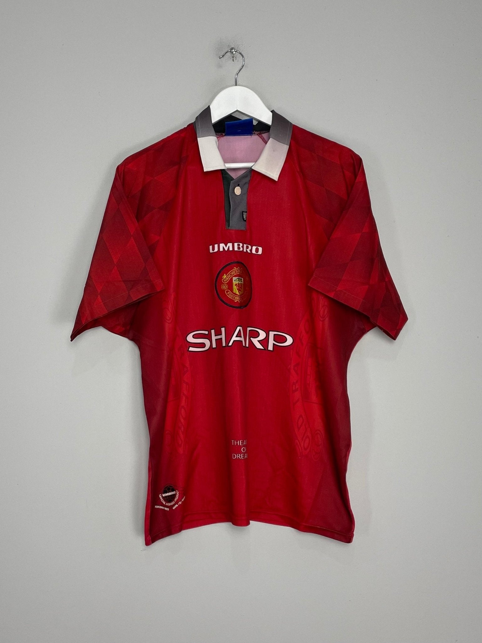 Shop 1996/97 MANCHESTER UNITED SOLSKJAER #20 HOME SHIRT (L) UMBRO, classic football shirts, vintage football shirts & retro soccer jerseys at Cult Kits