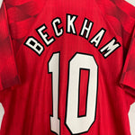 Shop 1996/98 MANCHESTER UNITED BECKHAM #10 HOME SHIRT (L) UMBRO, classic football shirts, vintage football shirts & retro soccer jerseys at Cult Kits