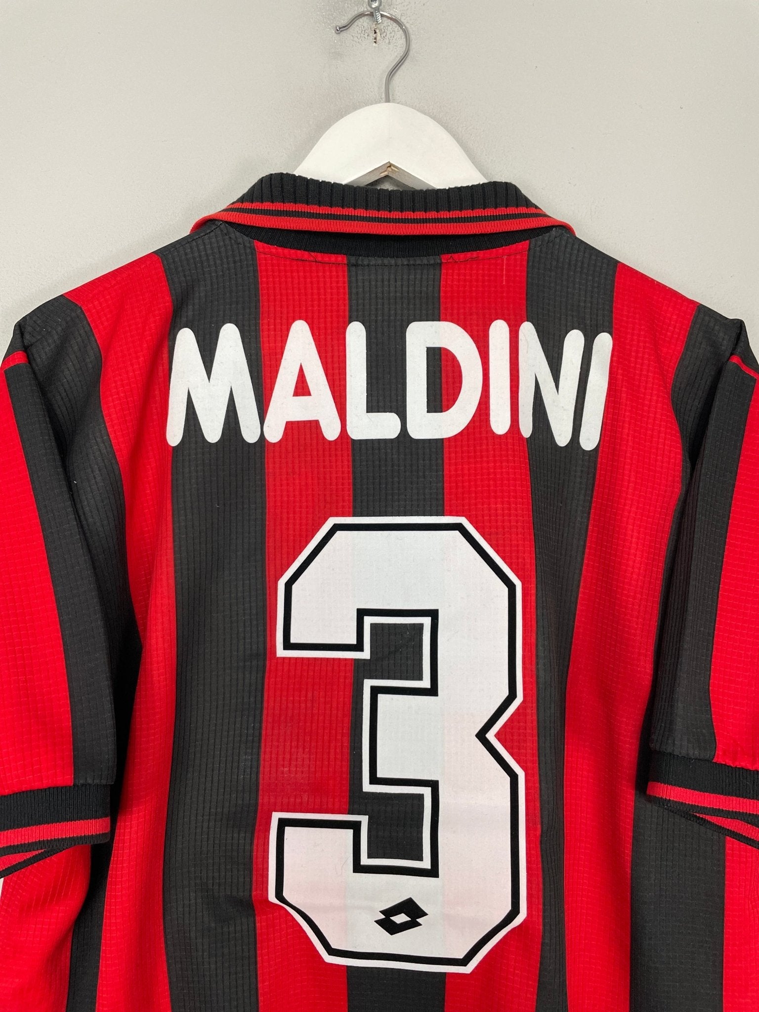 Shop 1997/98 AC MILAN MALDINI #3 HOME SHIRT (L) LOTTO, classic football shirts, vintage football shirts & retro soccer jerseys at Cult Kits
