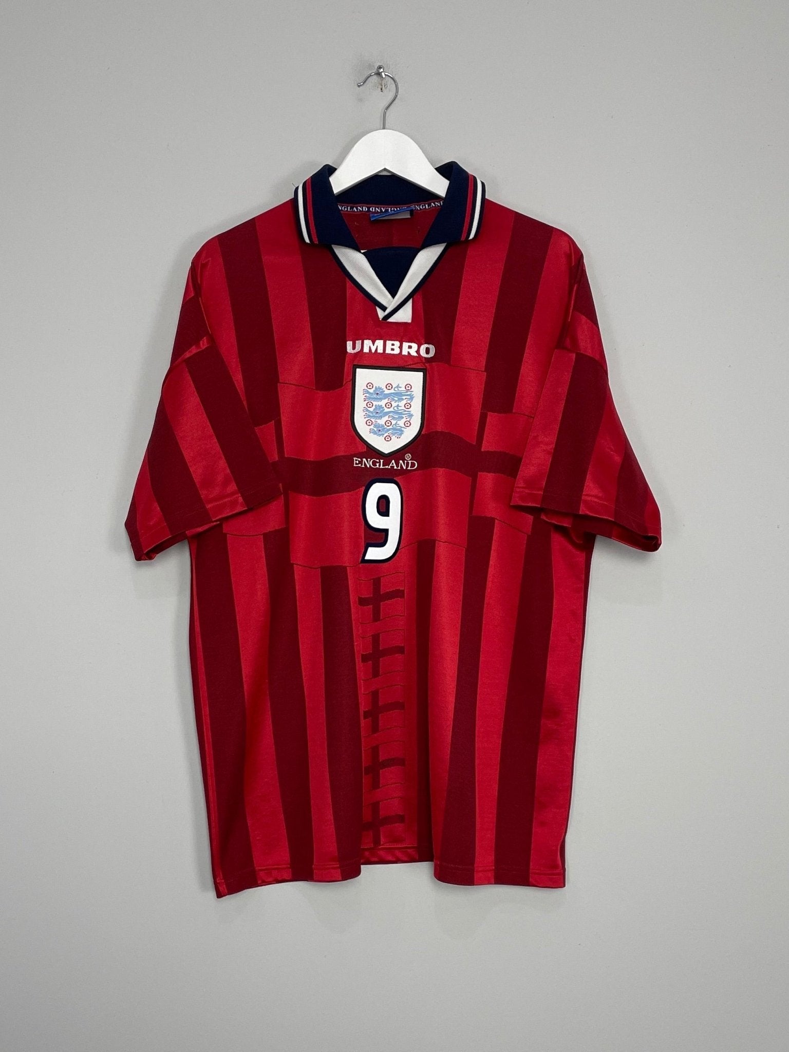 Shop 1997/99 ENGLAND SHEARER #9 AWAY SHIRT (XL) UMBRO, classic football shirts, vintage football shirts & retro soccer jerseys at Cult Kits