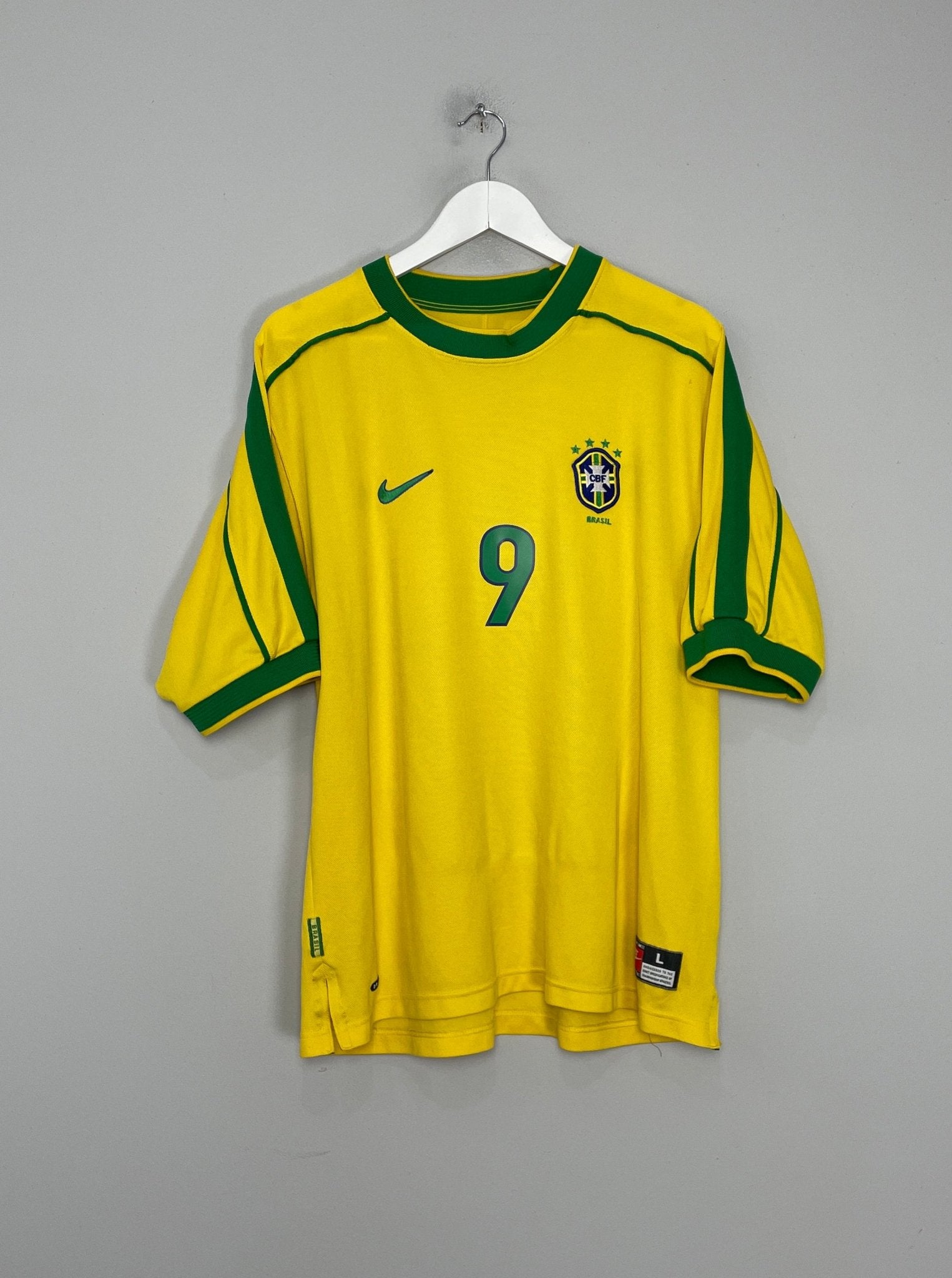 Shop 1998/00 BRAZIL RONALDO #9 HOME SHIRT (L) NIKE, classic football shirts, vintage football shirts & retro soccer jerseys at Cult Kits