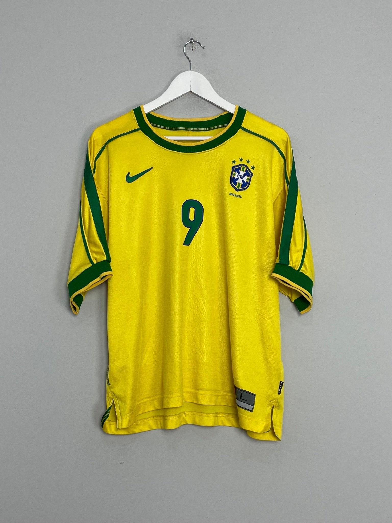 Shop 1998/00 BRAZIL RONALDO #9 HOME SHIRT (L) NIKE, classic football shirts, vintage football shirts & retro soccer jerseys at Cult Kits
