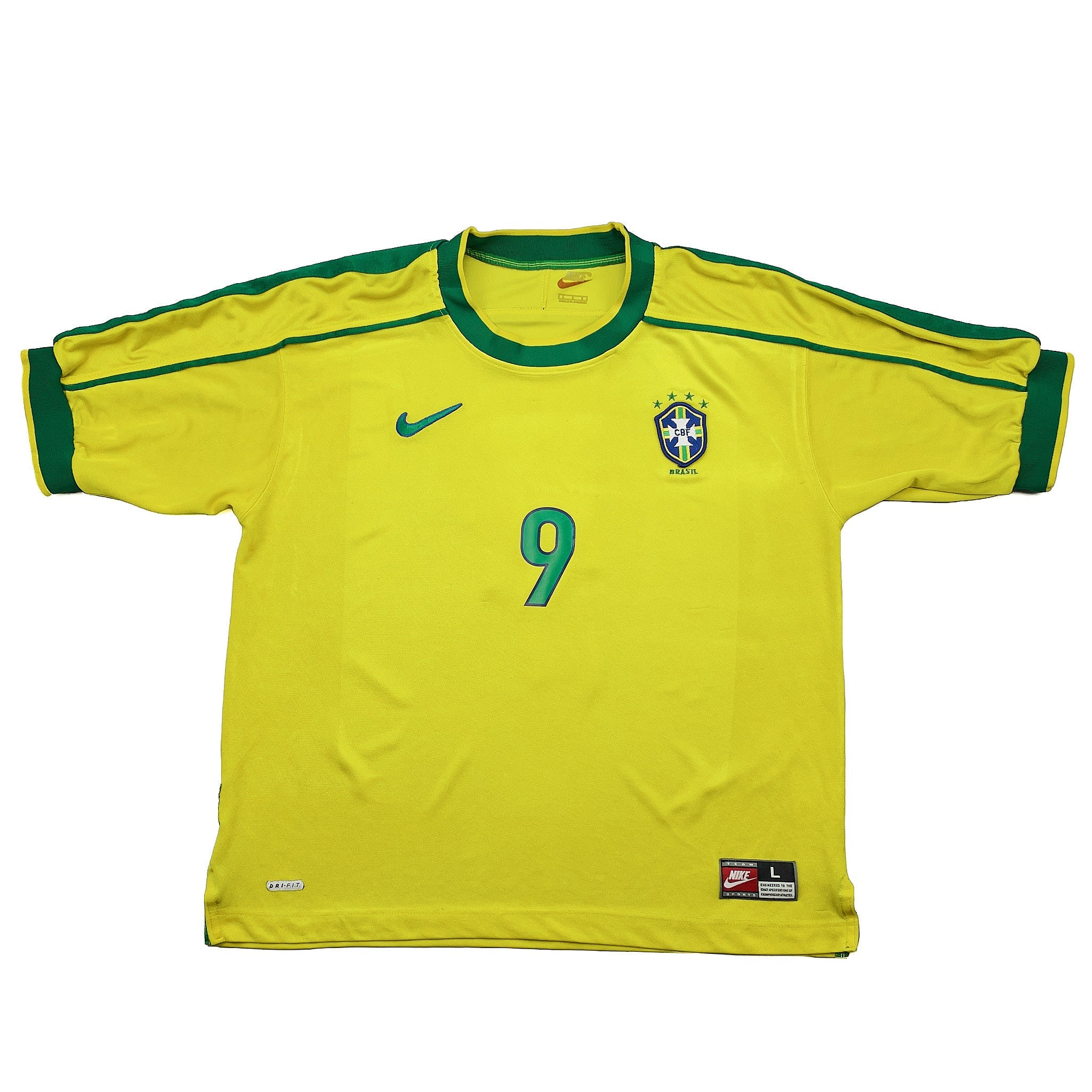 Buy 1998/00 Brazil Ronaldo 9 Home Shirt (L) Nike ~ Free worldwide shipping available ~ Authentic Vintage Football Shirts from Cult Kits