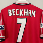 Shop 1998/00 MANCHESTER UNITED BECKHAM #7 *FA CUP* HOME SHIRT (XL) UMBRO, classic football shirts, vintage football shirts & retro soccer jerseys at Cult Kits