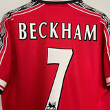 Shop 1998/00 MANCHESTER UNITED BECKHAM #7 HOME SHIRT (L) UMBRO, classic football shirts, vintage football shirts & retro soccer jerseys at Cult Kits