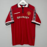 Shop 1998/00 MANCHESTER UNITED SOLSKJAER #20 HOME SHIRT (XL) UMBRO, classic football shirts, vintage football shirts & retro soccer jerseys at Cult Kits