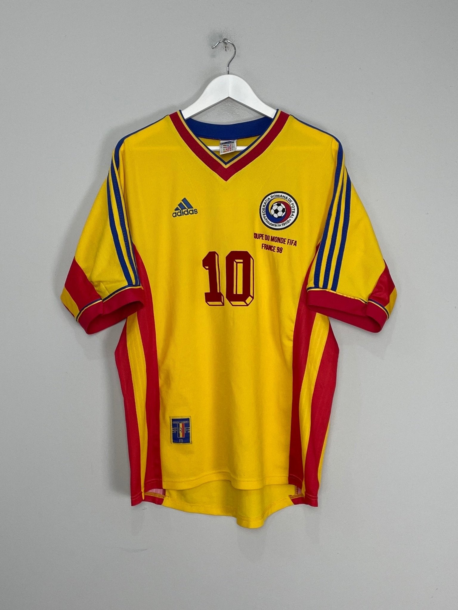 Shop 1998/00 ROMANIA HAGI #10 HOME SHIRT (L) ADIDAS, classic football shirts, vintage football shirts & retro soccer jerseys at Cult Kits