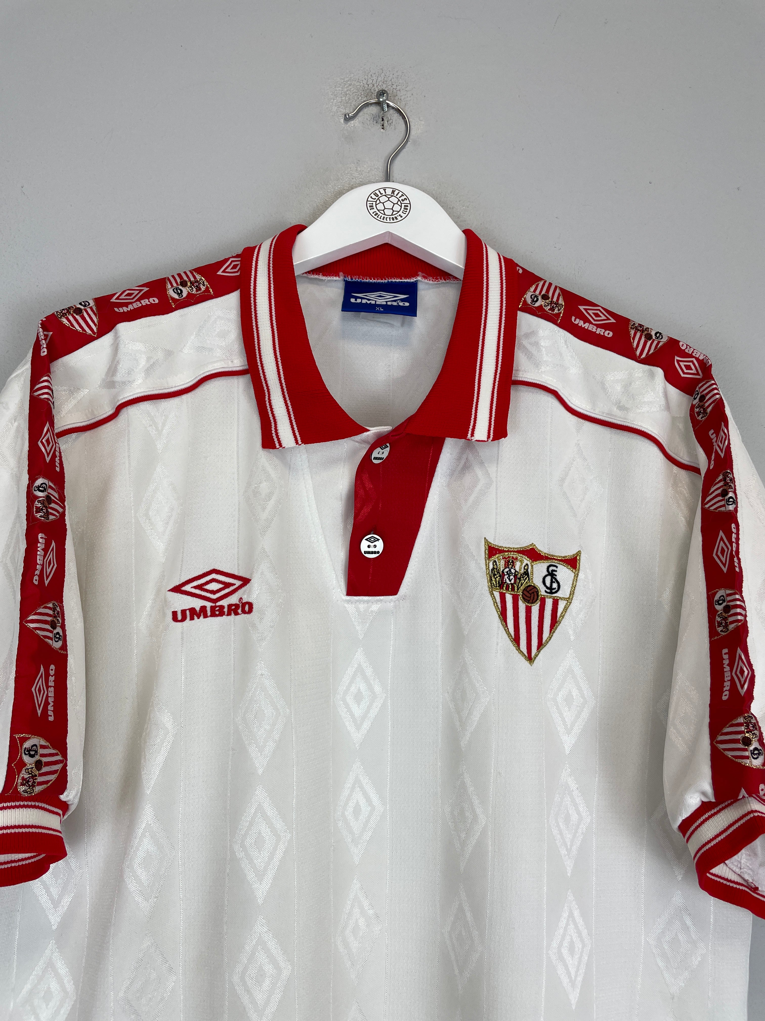 1998/99 SEVILLA HOME SHIRT (XL) UMBRO COLLAR WHITE RED PATTERN BADGE 