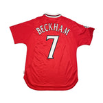 Buy 1999/00 Manchester United Beckham 7 'C/L Winners' Home Shirt (L) Umbro ~ Free worldwide shipping ~ Authentic Vintage Football Shirts from Cult Kits