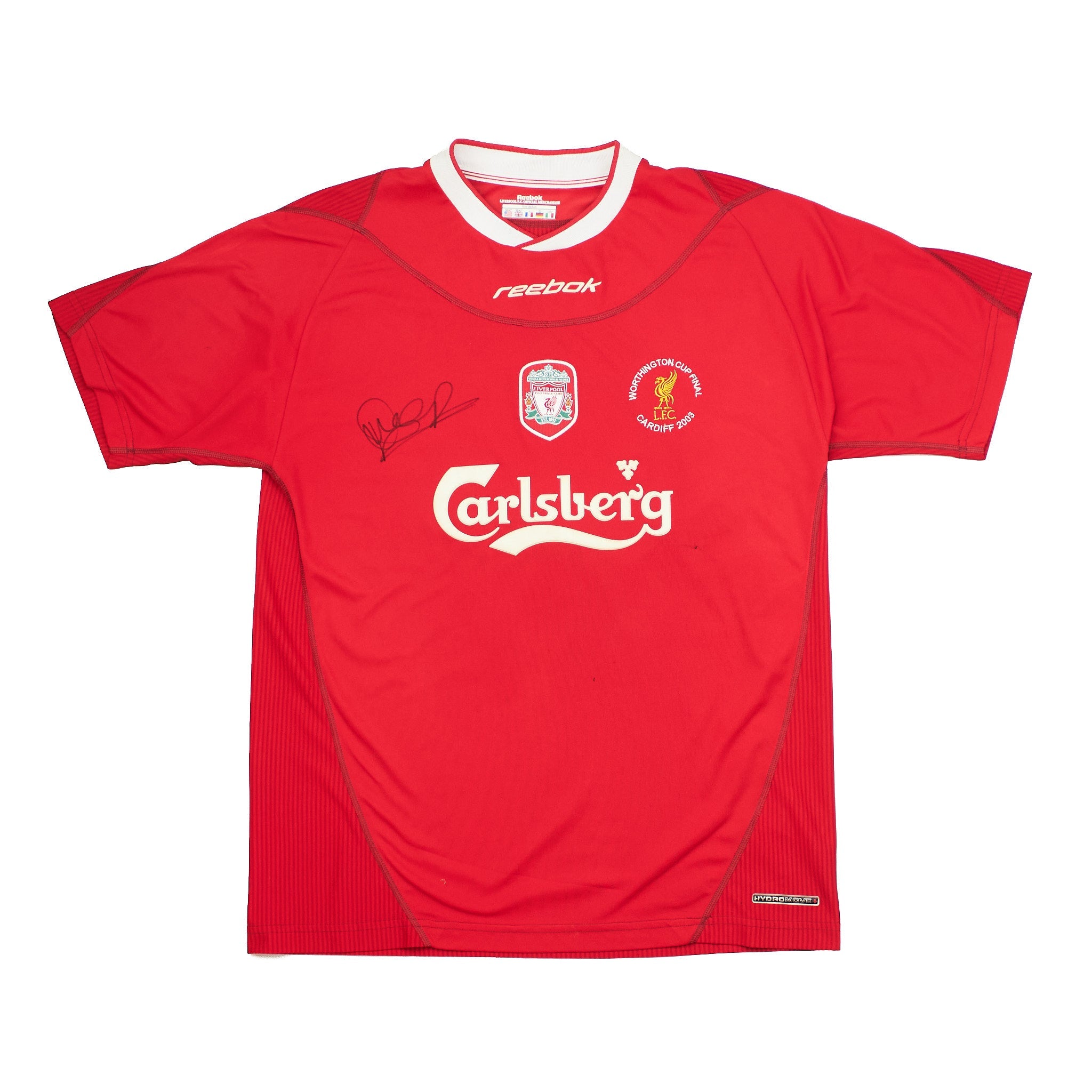Buy 2002/04 Liverpool Heskey 8 *Signed* Worthington Cup Home Shirt (L) Reebok ~ Free worldwide shipping ~ Authentic Vintage Football Shirts from Cult Kits