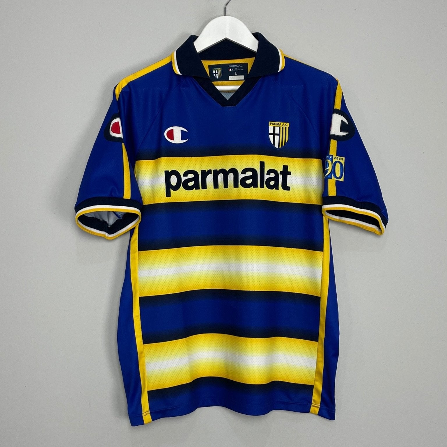 Shop 2003/04 PARMA 90 YEARS HOME SHIRT (L) CHAMPION, classic football shirts, vintage football shirts & retro soccer jerseys at Cult Kits
