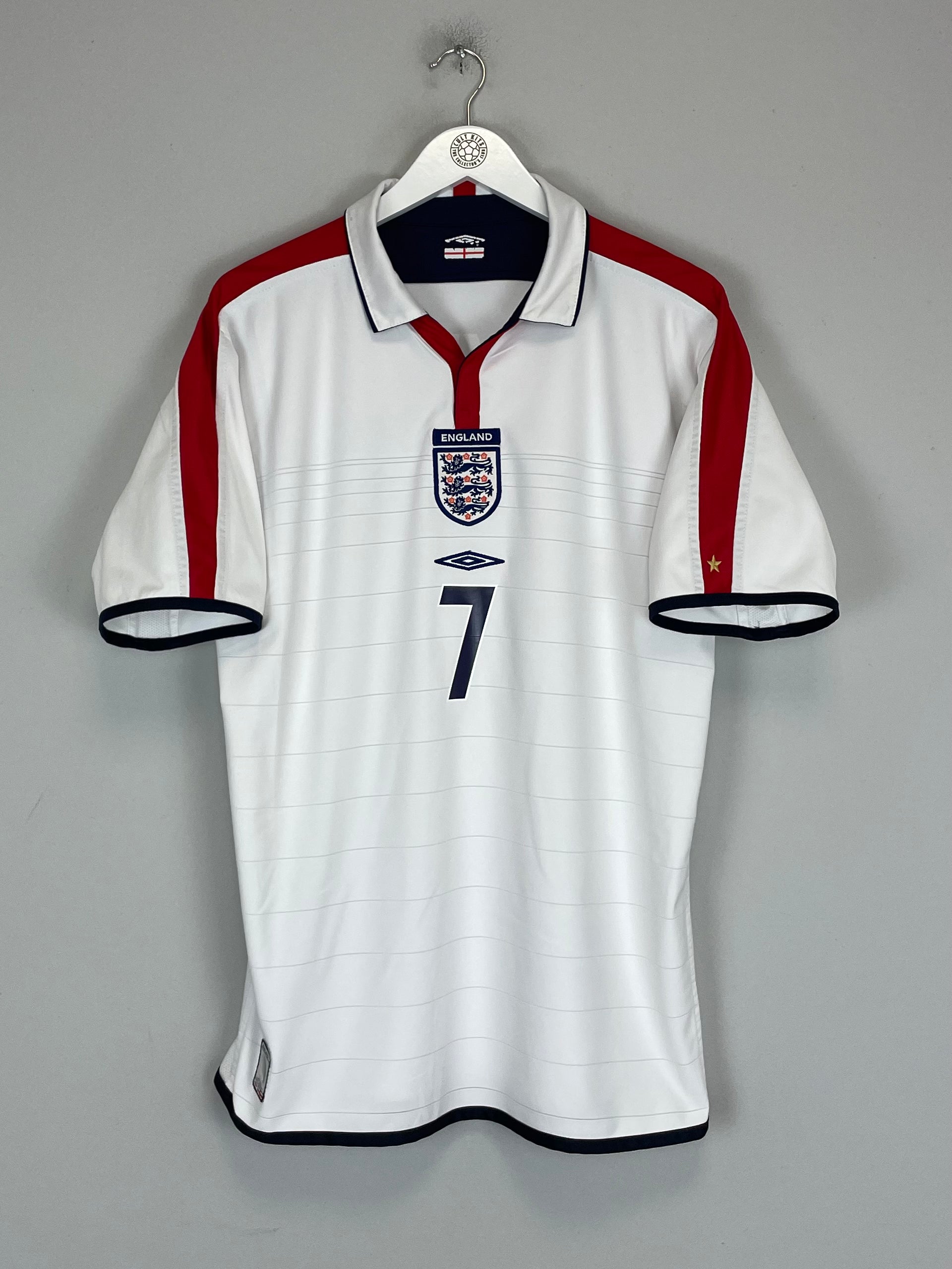 2003/05 ENGLAND BECKHAM #7 HOME SHIRT (L) UMBRO CENTRE BADGE CREST RED WHITE 